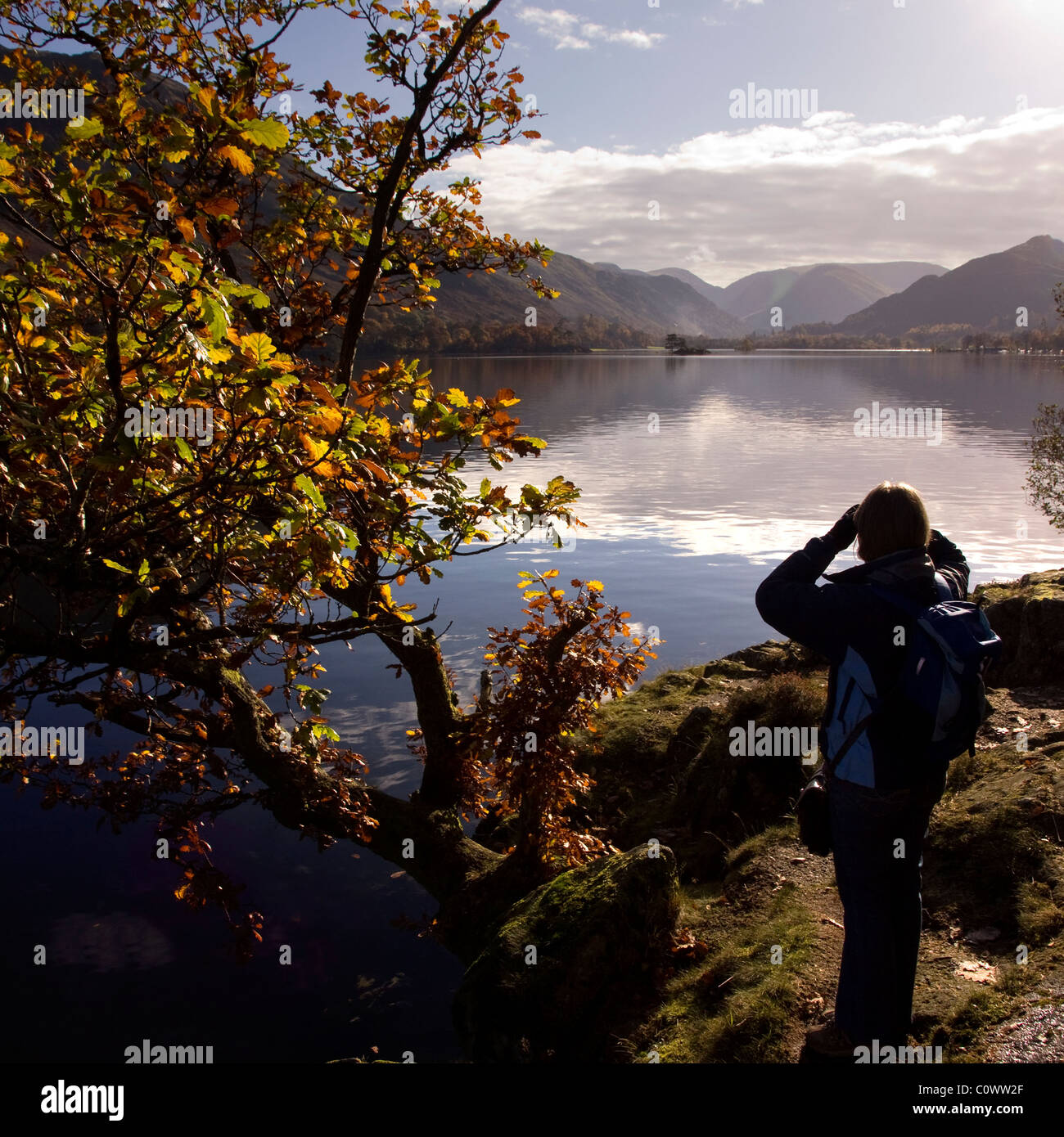 Tourist ammirando le riflessioni nelle calme acque del lago Ullswater sul modo di Ullswater, Glenridding, Lake District, Cumbria, England, Regno Unito Foto Stock
