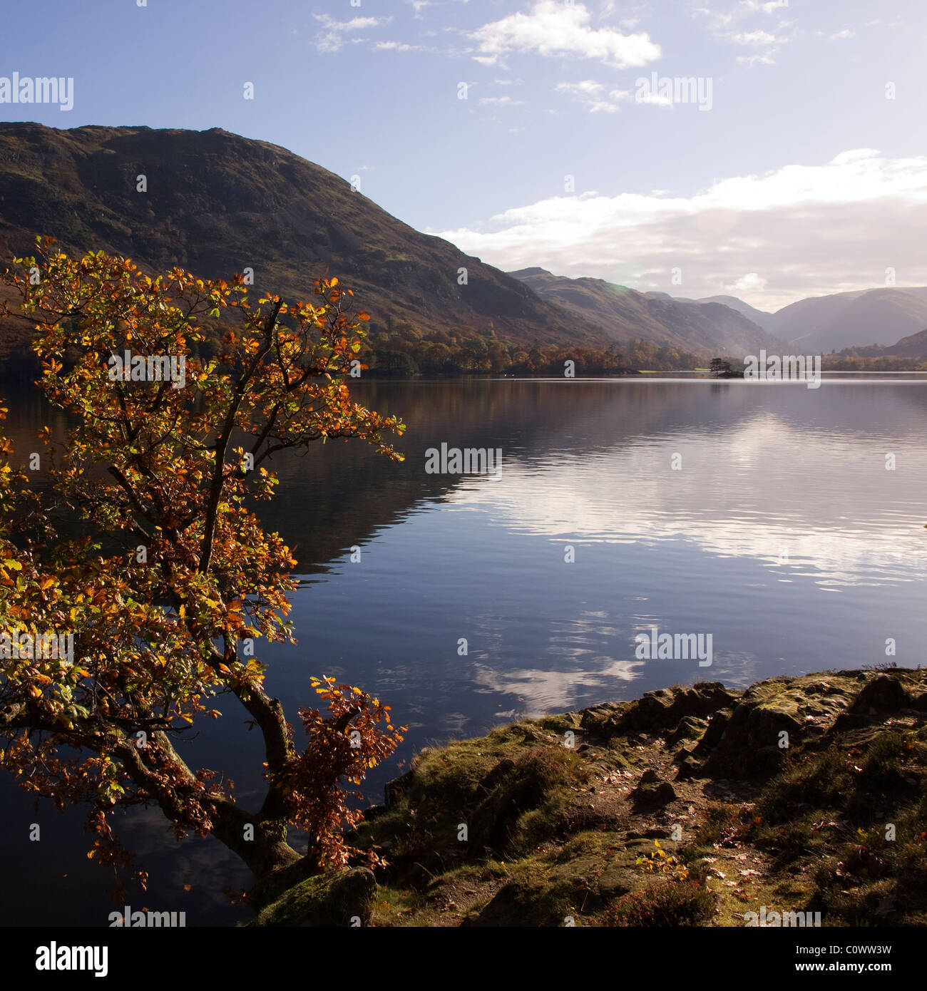 Riflessioni nelle calme acque del lago Ullswater, Glenridding, Lake District, Cumbria, England, Regno Unito Foto Stock