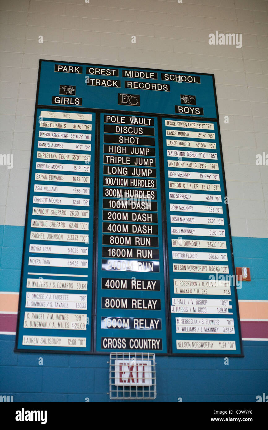 Via team record della scuola per ragazze e ragazzi eventi sul display in palestra presso il Park Crest Middle School di Pflugerville Texas Foto Stock