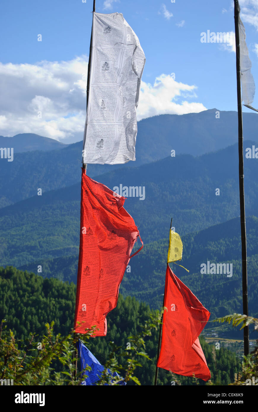 Bandiere di preghiera sul percorso di trekking al monastero di Taktsang. Foto Stock