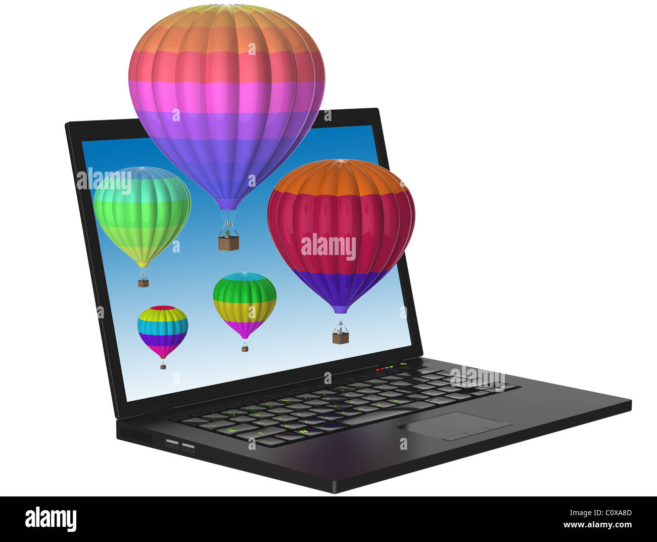 Notebook nero con tastiera illuminata e palloncini Foto Stock