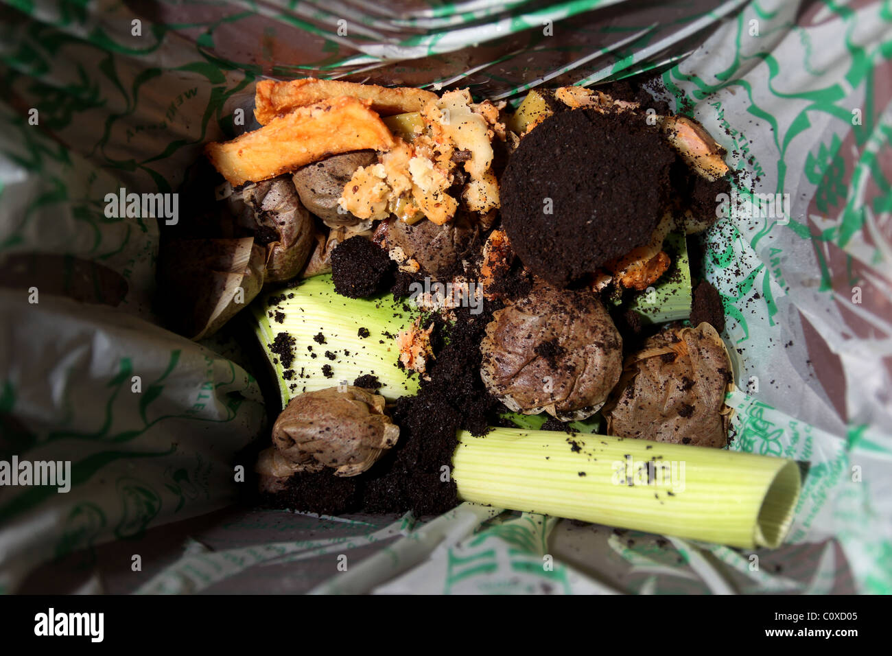 Foto di stock di rifiuti alimentari scatola di riciclo in una cucina a Southampton, Regno Unito. Foto Stock