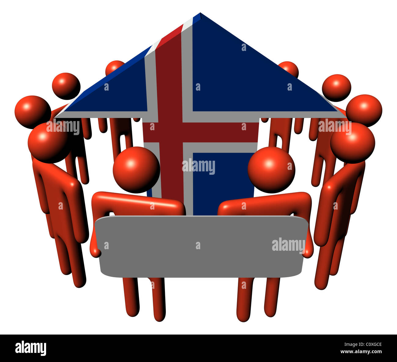 Cerchio di astratti Persone con segno intorno a bandiera islandese illustrazione freccia Foto Stock