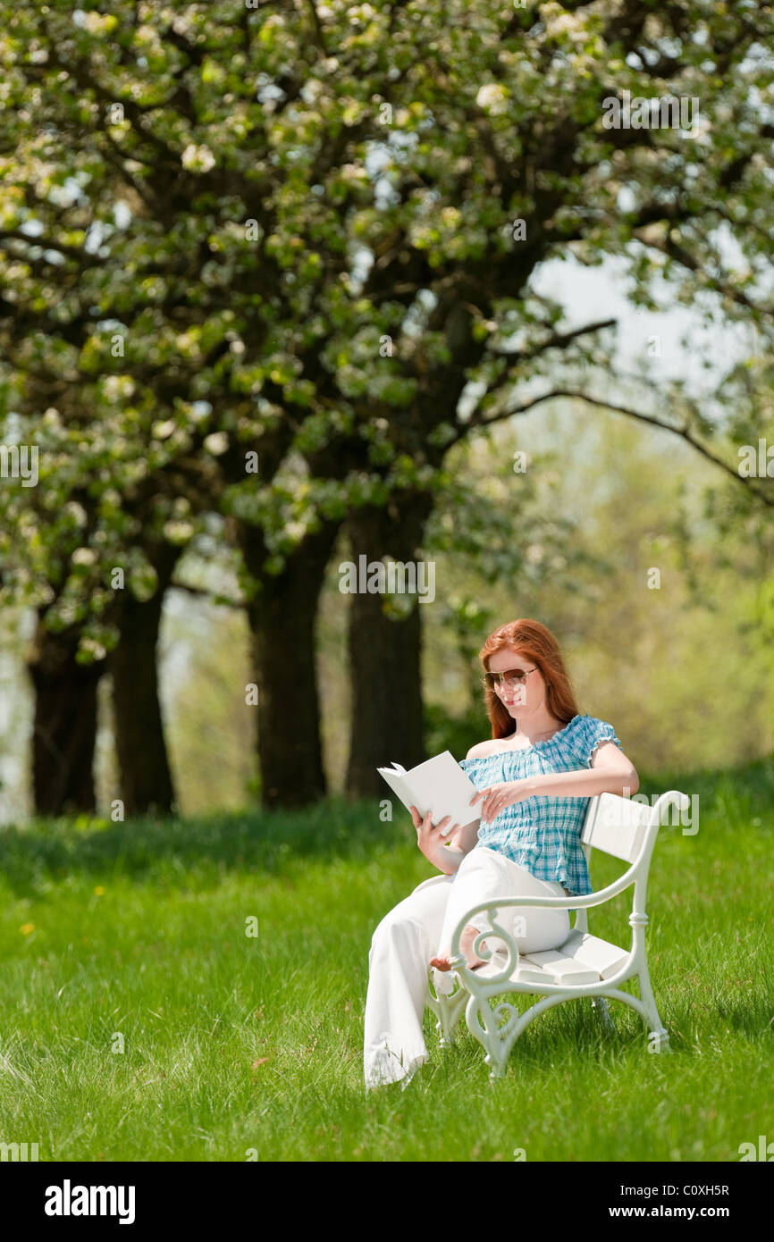 Capelli rossi donna libro di lettura sul banco di bianco in un prato; shallow DOF Foto Stock