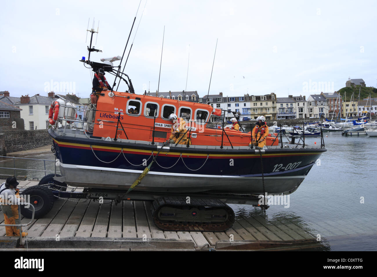 L'Ilfracombe Mersey classe scialuppa di salvataggio, spirito del Derbyshire, lanciati in Ilfracombe Harbour Foto Stock