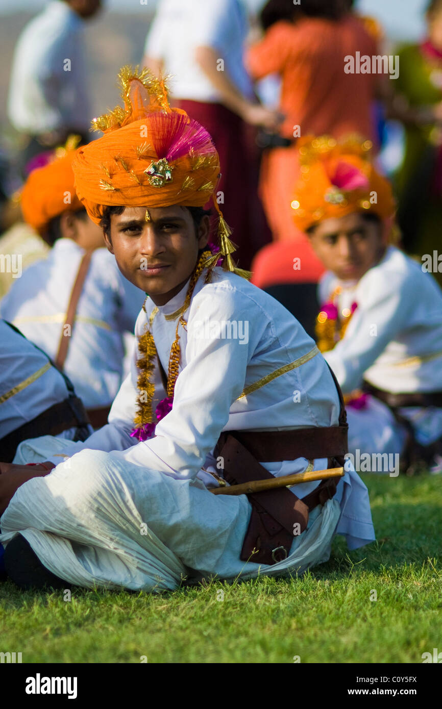 Musicista in occasione dell'annuale Festival di elefante a Jaipur, India Foto Stock