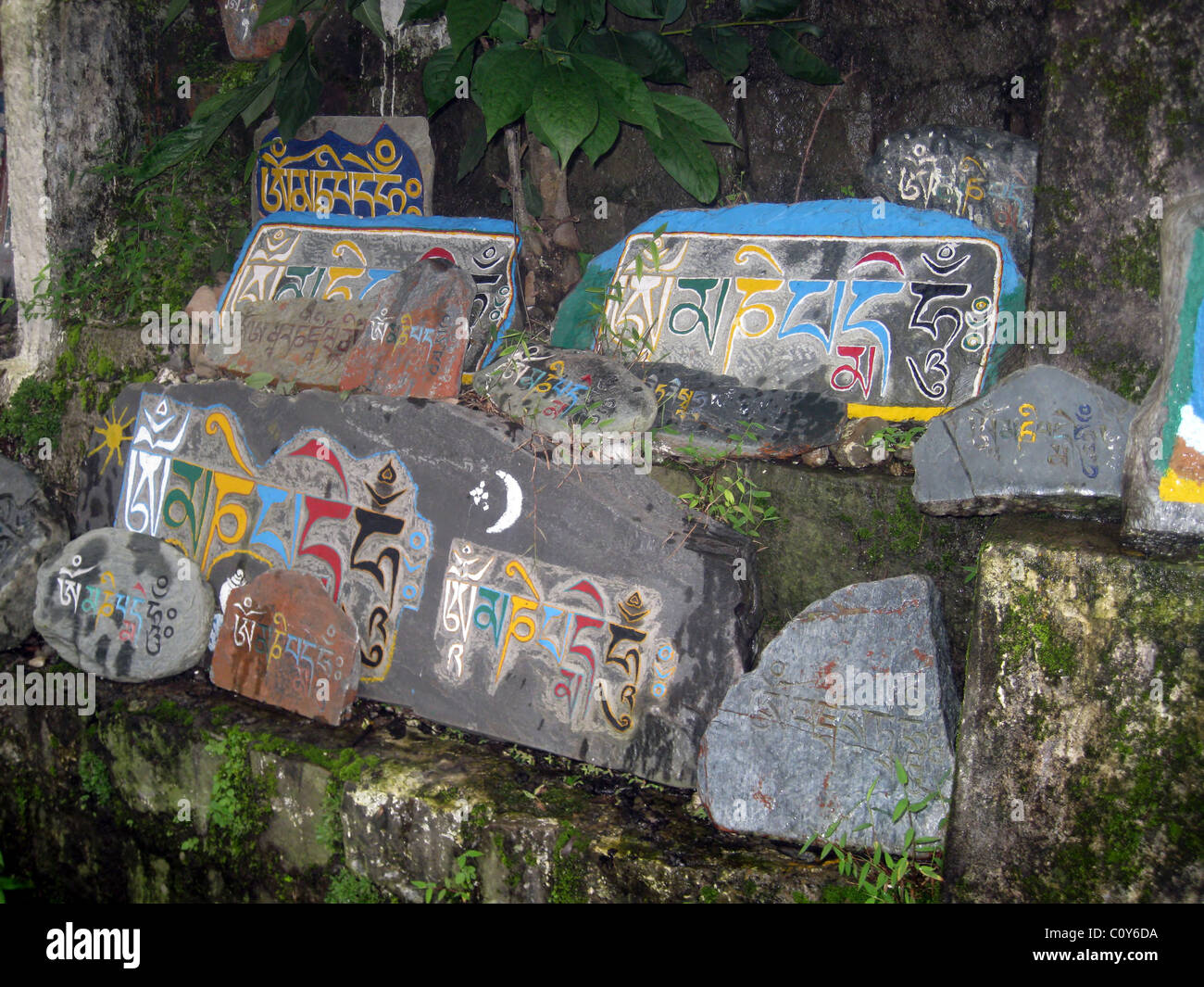 I Sutra Tibetano - testo religioso scolpiti in pietra Foto Stock