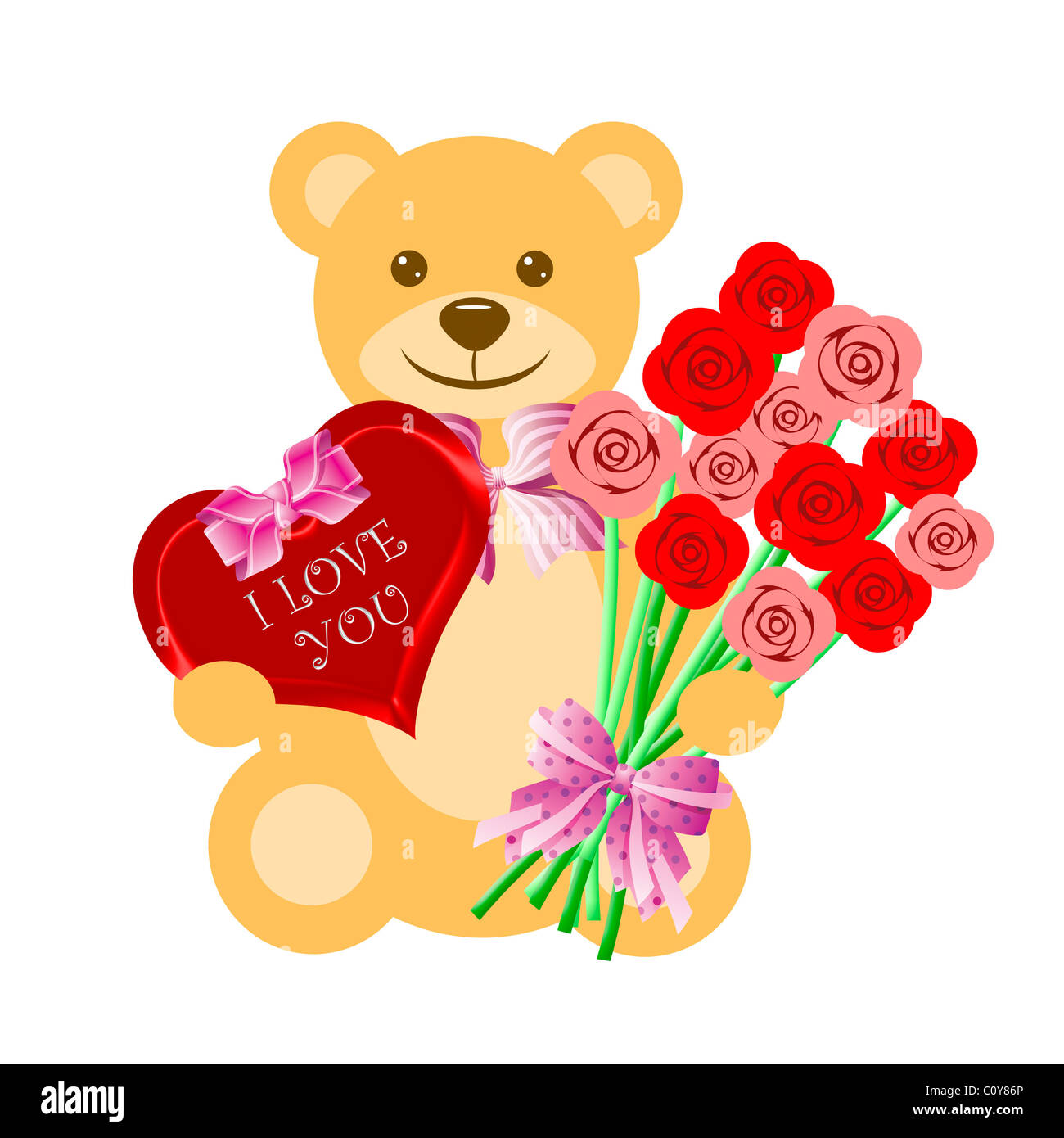 Orsacchiotto di peluche con bouquet di rose e Scatola cuore di cioccolato di illustrazione Foto Stock
