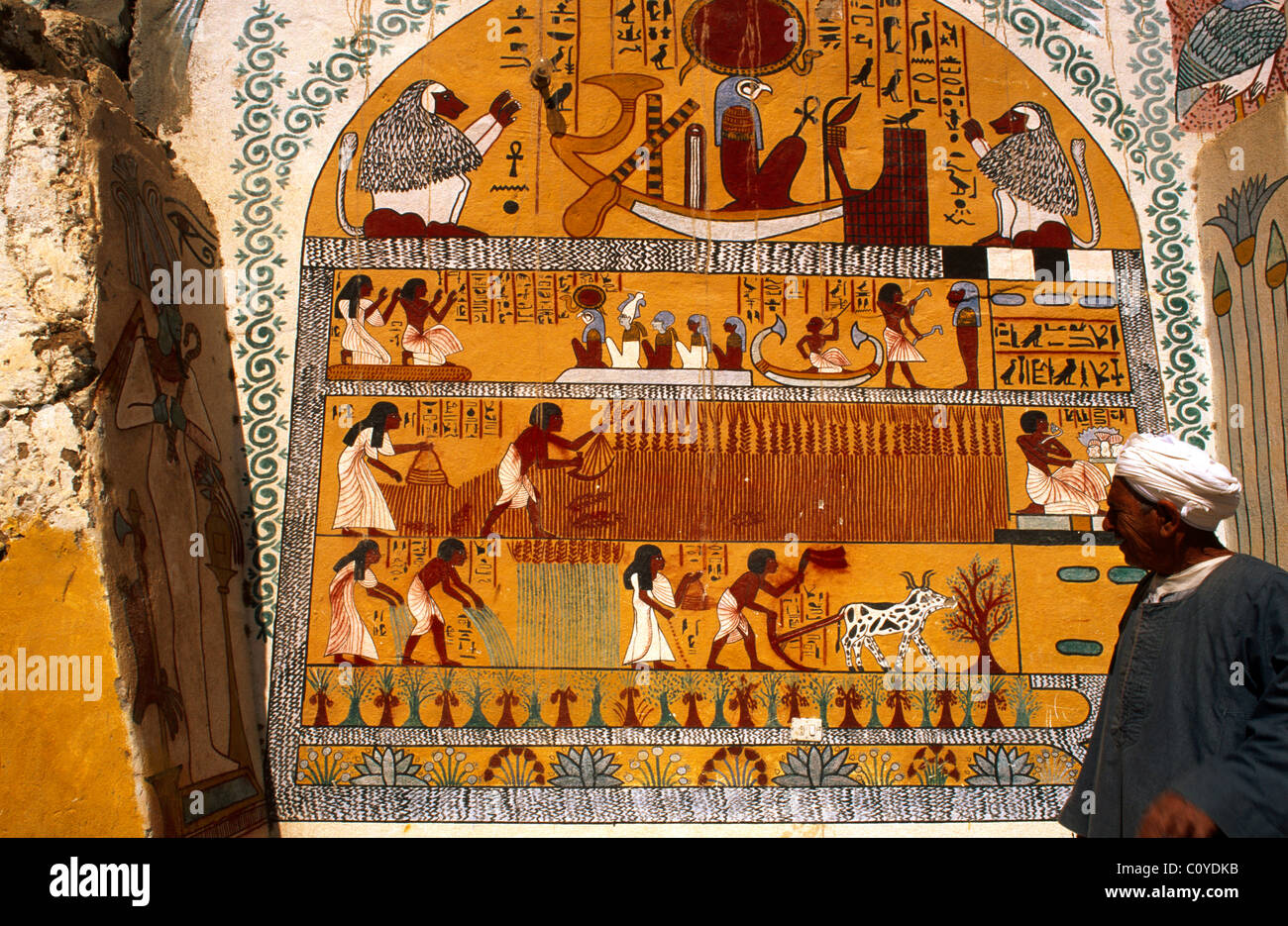 Luxor Egitto Cisgiordania dipinti su edificio In Qurnah Ra il dio del sole Foto Stock