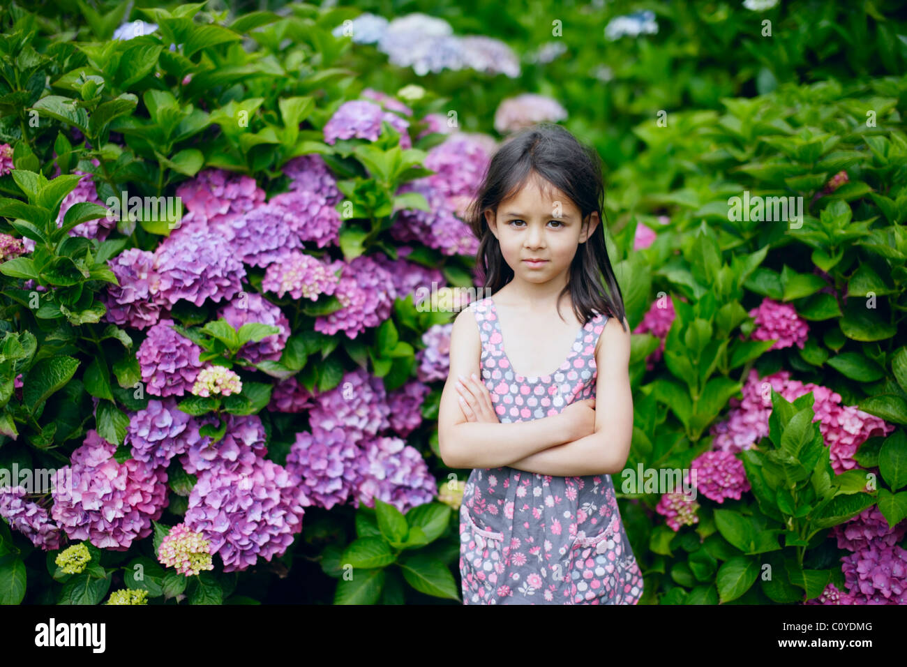 Ragazza in giardino. Vestito viola e fiori viola. Foto Stock