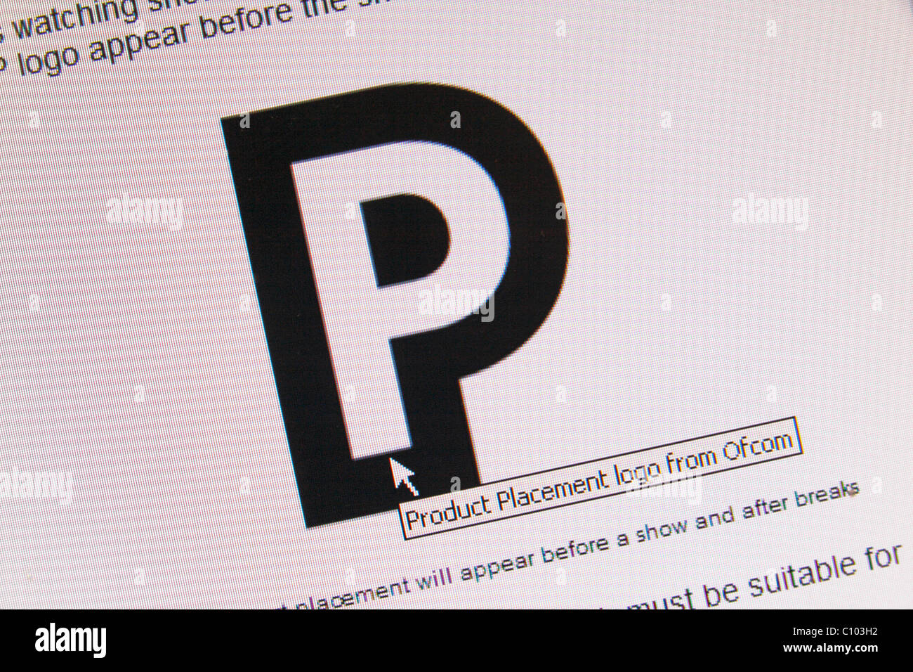 L'UFCOM Product placement simbolo CHE NEL REGNO UNITO il programma televisivo responsabili devono utilizzare in programmi pagati a posizionare i prodotti. Foto Stock