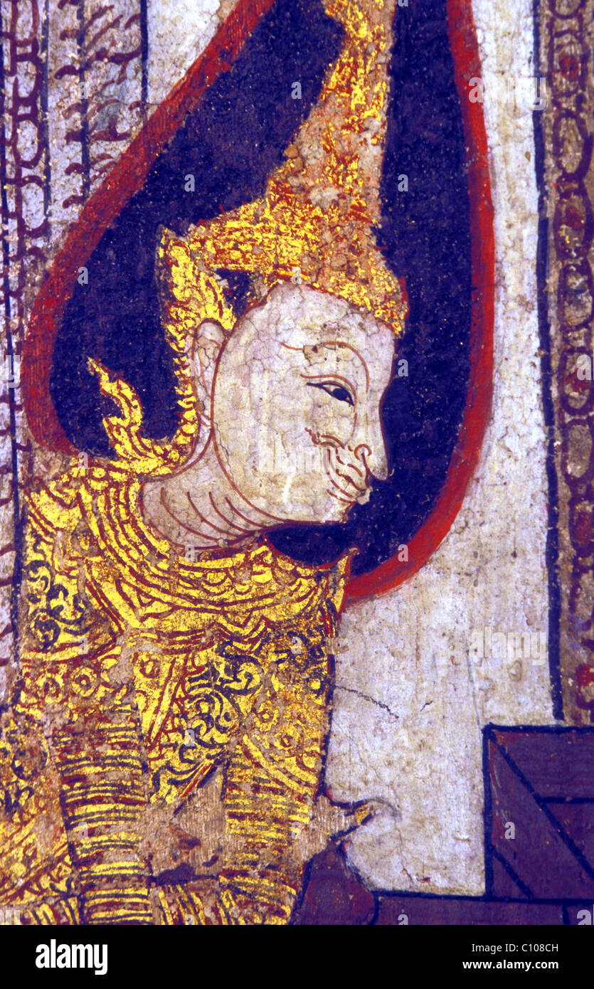 Murale jatarka dettaglio buddhaisawan chapel Bangkok in Thailandia Foto Stock
