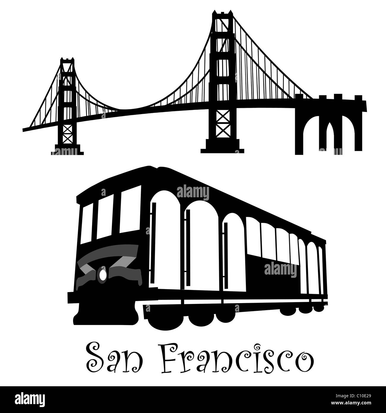 San Francisco Golden Gate Bridge e il cavo auto Carrello illustrazione in bianco e nero Foto Stock