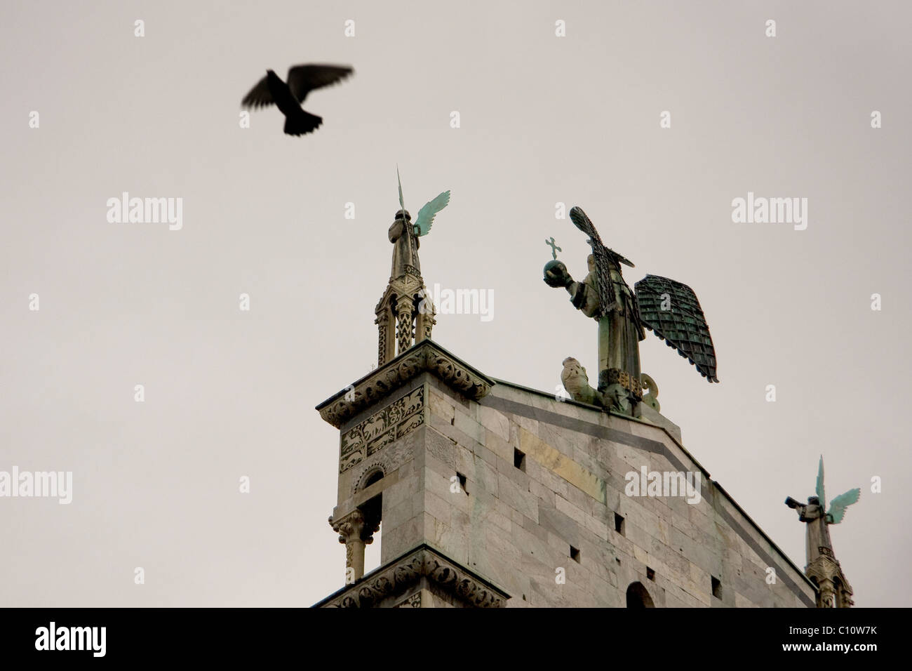 Pigeon battenti e sul retro di una chiesa con un angelo scultura Foto Stock