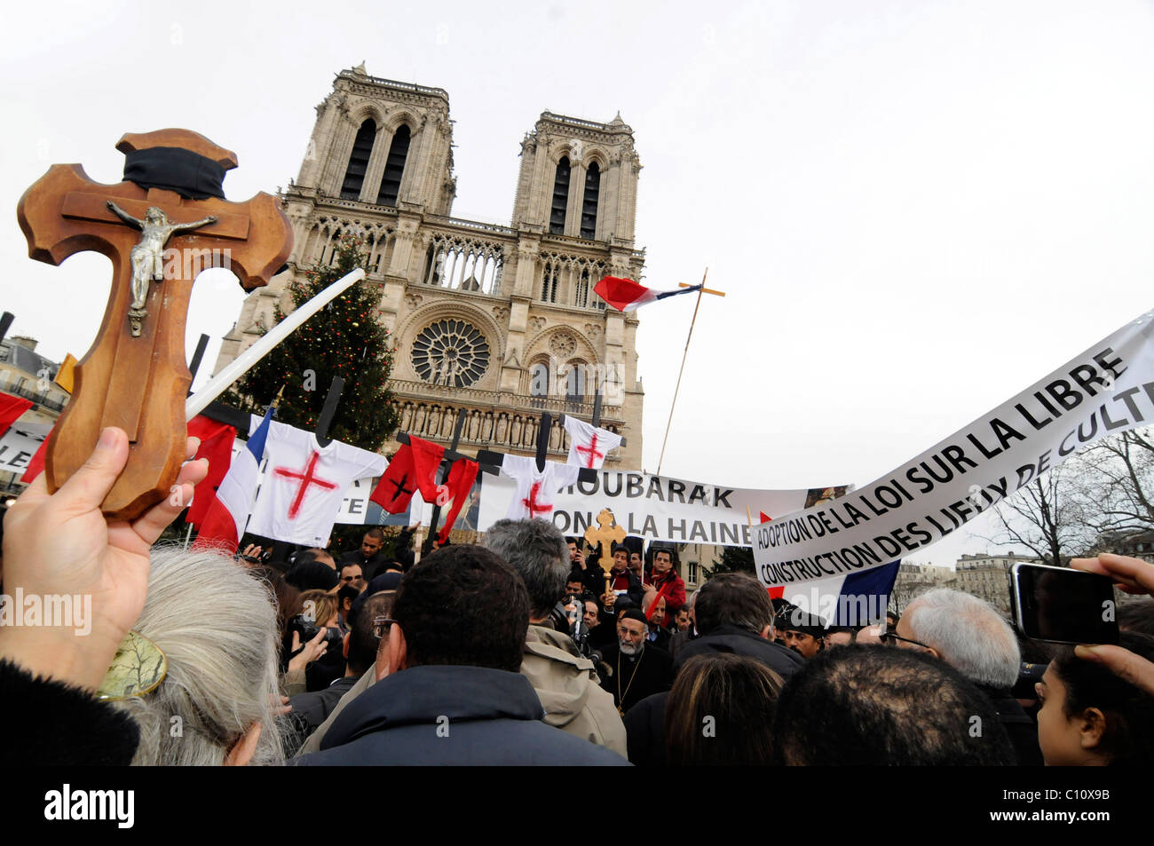 I cristiani copti dimostrare di fronte alla cattedrale di Notre Dame per protestare contro gli attacchi terroristici contro i copti in Egitto. Foto Stock