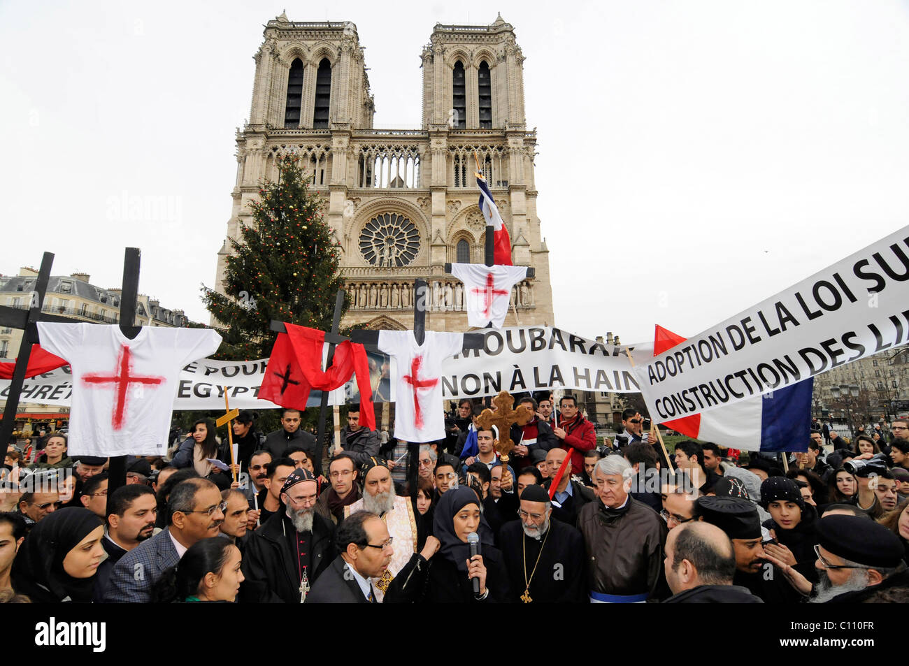 I cristiani copti dimostrare di fronte alla cattedrale di Notre Dame per protestare contro gli attacchi terroristici contro i copti in Egitto. Foto Stock