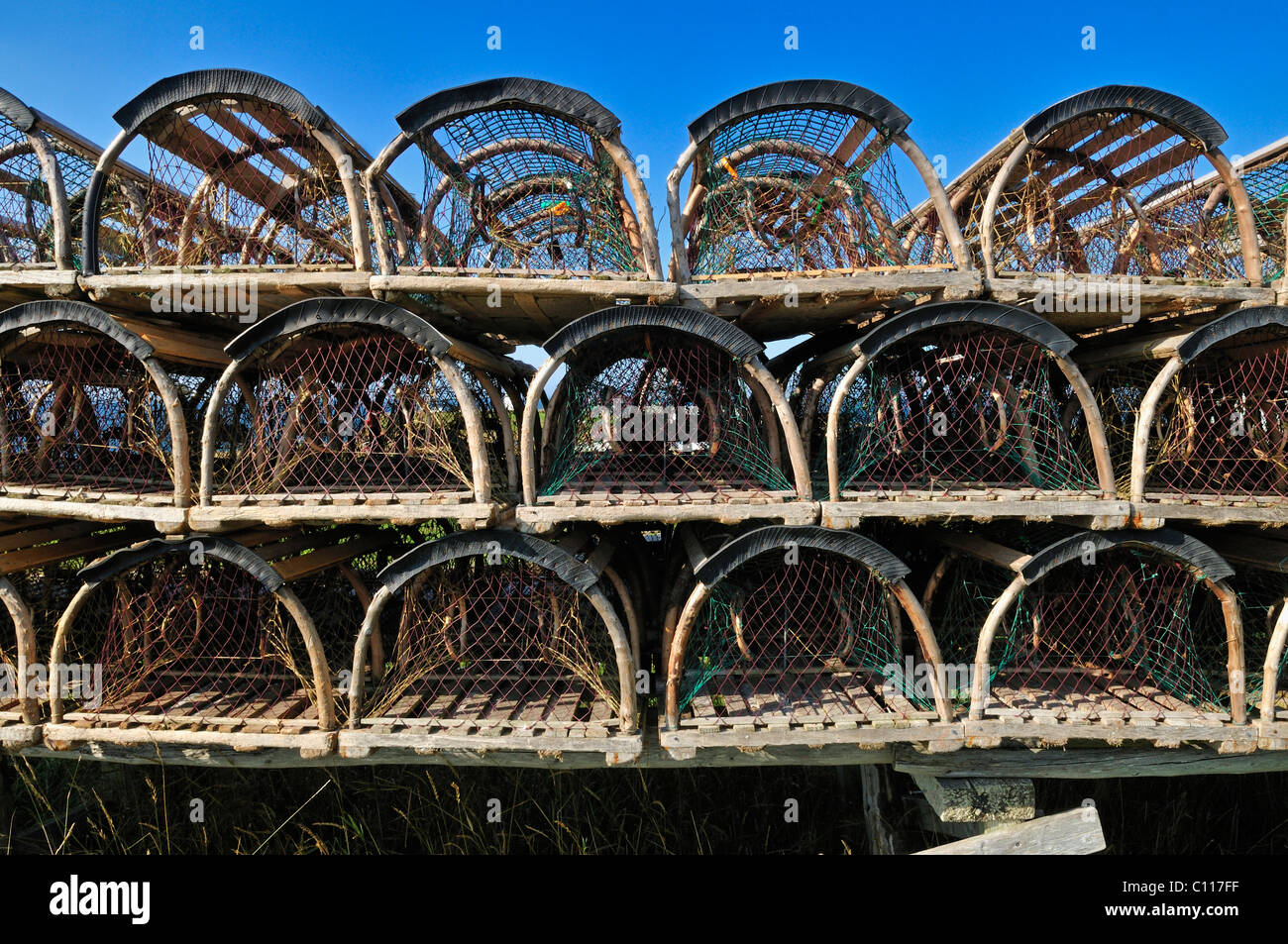 Fatte a mano lobster trap sull Ile d'entree, entrata Isola, Iles de la Madeleine, le isole della Maddalena, Québec Maritime Canada Foto Stock