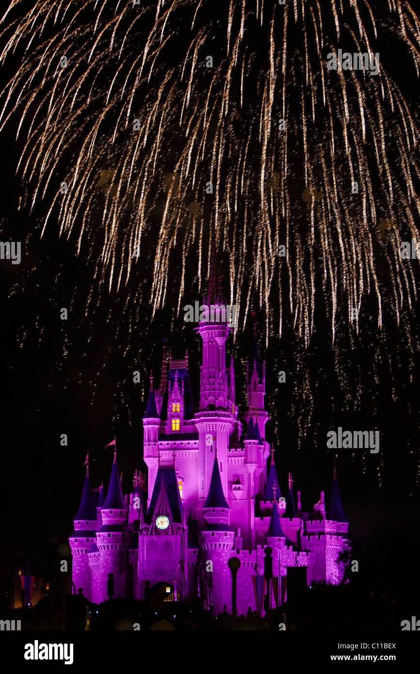 Fuochi d'artificio su Cinderella Castle Regno Magico di Disney World Florida Foto Stock