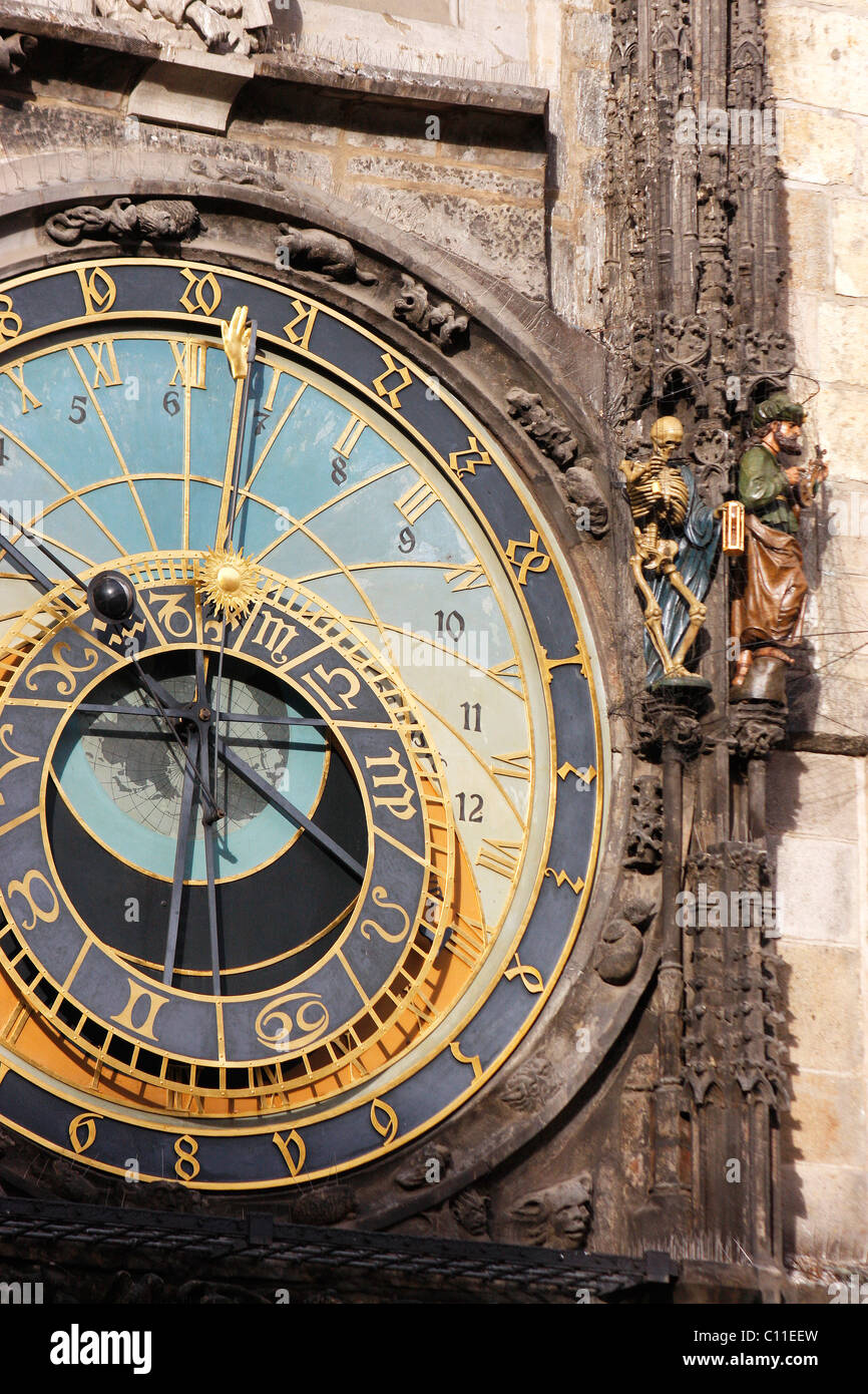 Parte del famoso e storico orologio astronomico integrato in un lato del Municipio della Città Vecchia Torre in Praga, Repubblica Ceca. Foto Stock