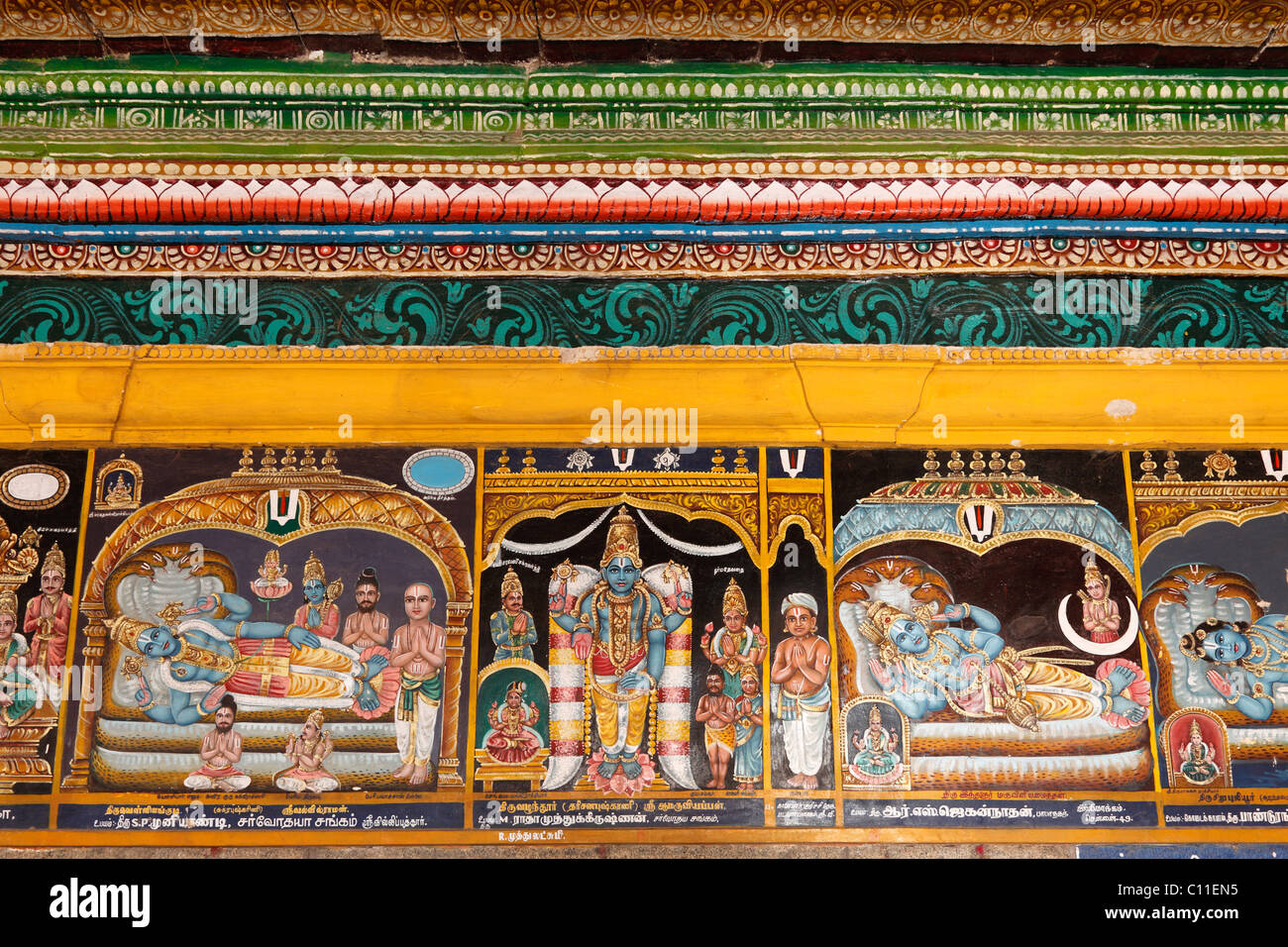 Pittura murale in Srivilliputhur Andal tempio, Srivilliputtur, Tamil Nadu, Tamilnadu, Sud India, India, Asia Foto Stock