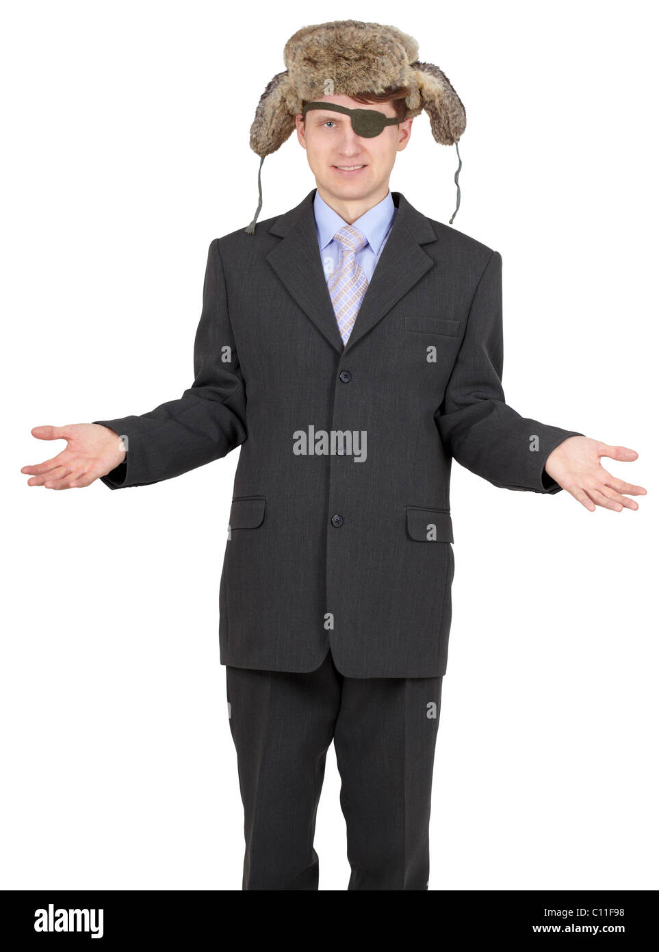 One-eyed man in russo cappello di pelliccia su bianco Foto Stock