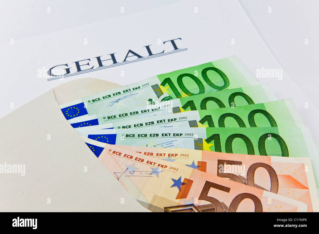 Euro Bills, stipendio, il pagamento dei salari, pagare il pacchetto Foto Stock