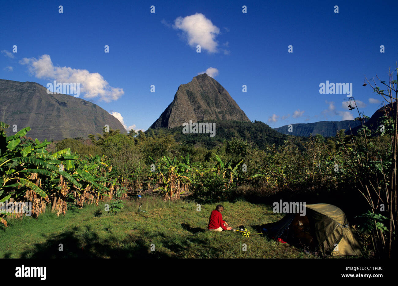 Escursionista e tenda in una piantagione di banane nella parte anteriore del Mt. Piton Cabris, 1435m, il Cirque de Mafate, Ile de la Reunion, Francia, Europa Foto Stock