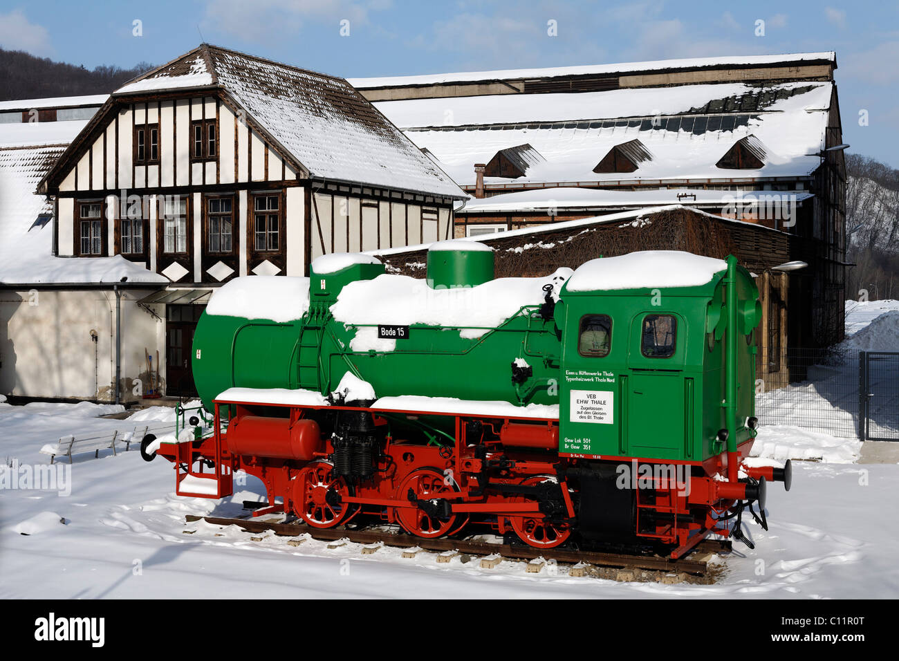 Vecchia locomotiva a vapore della ex acciaierie Thale, Huettenmuseum Thale ironworks museum, Thale, Harz, Sassonia-Anhalt Foto Stock