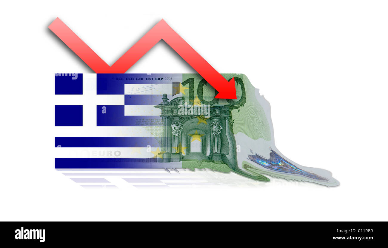 Bandiera Greca con la fusione di banconote in euro, immagine simbolica per la perdita di valore dell'euro attraverso la Grecia Foto Stock