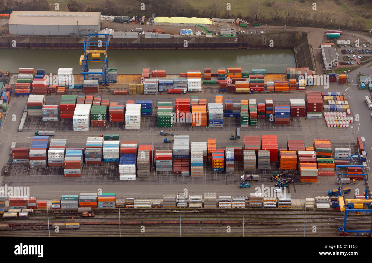 Vista aerea, terminale per container container port, porto interno, Duisport, Logport I, Rheinhausen, Duisburg, Ruhrgebiet regione Foto Stock