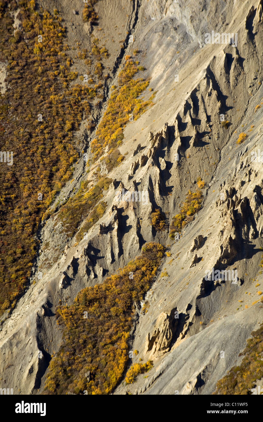 Hoodoos, erosione in arenaria molle, pecore di montagna, St. Elias montagne, Parco Nazionale Kluane e riserva, Yukon Territory Foto Stock