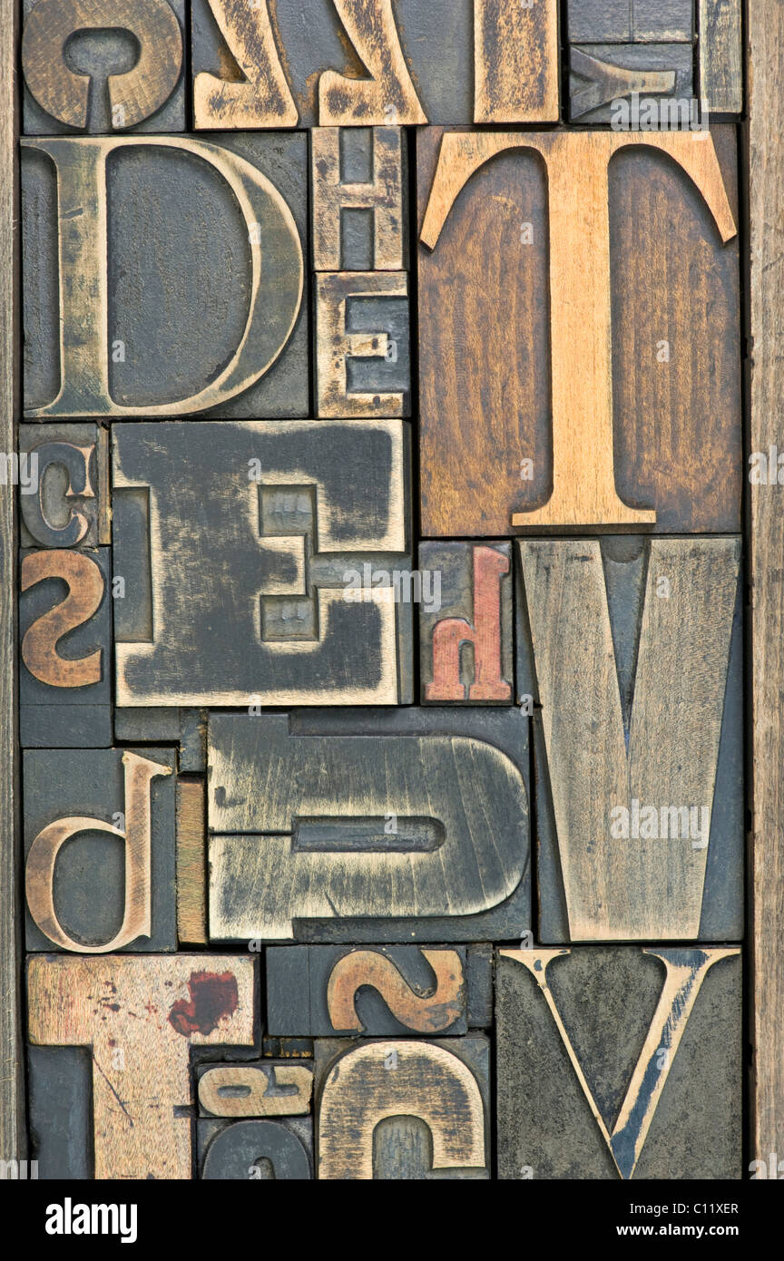 Vecchia stampa di lettere in legno, lettere, caratteri Foto Stock