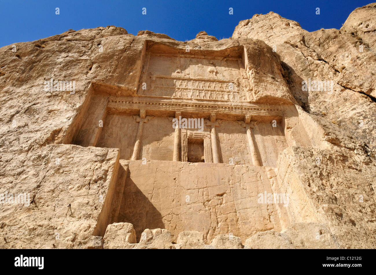 Storica tomba di Re Dario, Dareios I. al achemenide sito di sepoltura Naqsh-e Rostam, Rustam vicino al sito archeologico di Foto Stock