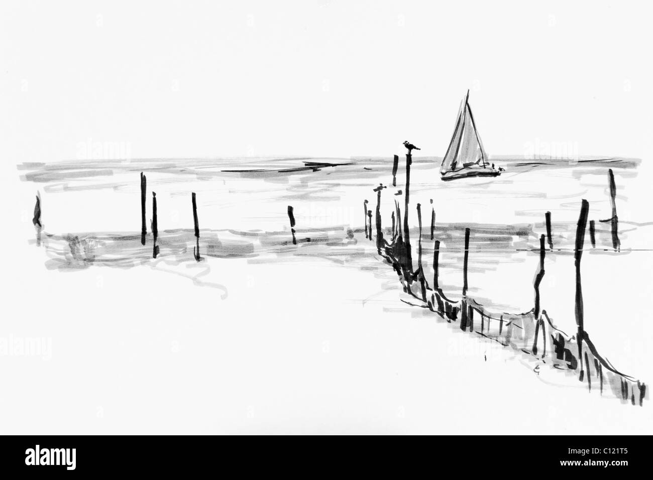 Le reti da pesca nel fiordo di Flensburg, Danimarca, disegno di artista Gerhard Kraus, Kriftel Foto Stock