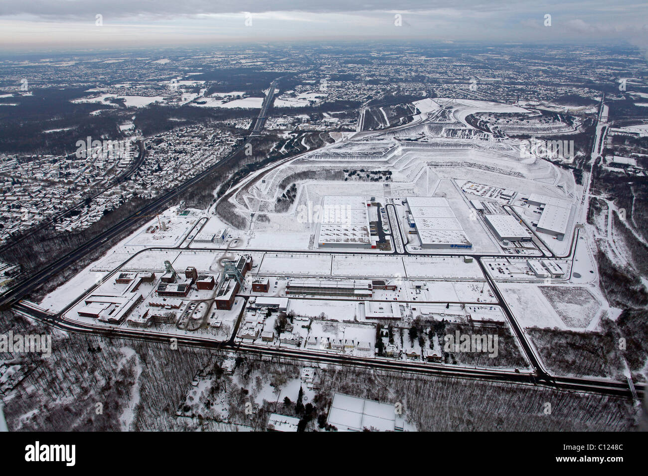Antenna, EWALD zona industriale, ex sito minerario, il cambiamento strutturale, Herten, la zona della Ruhr, Renania settentrionale-Vestfalia, Germania, Europa Foto Stock
