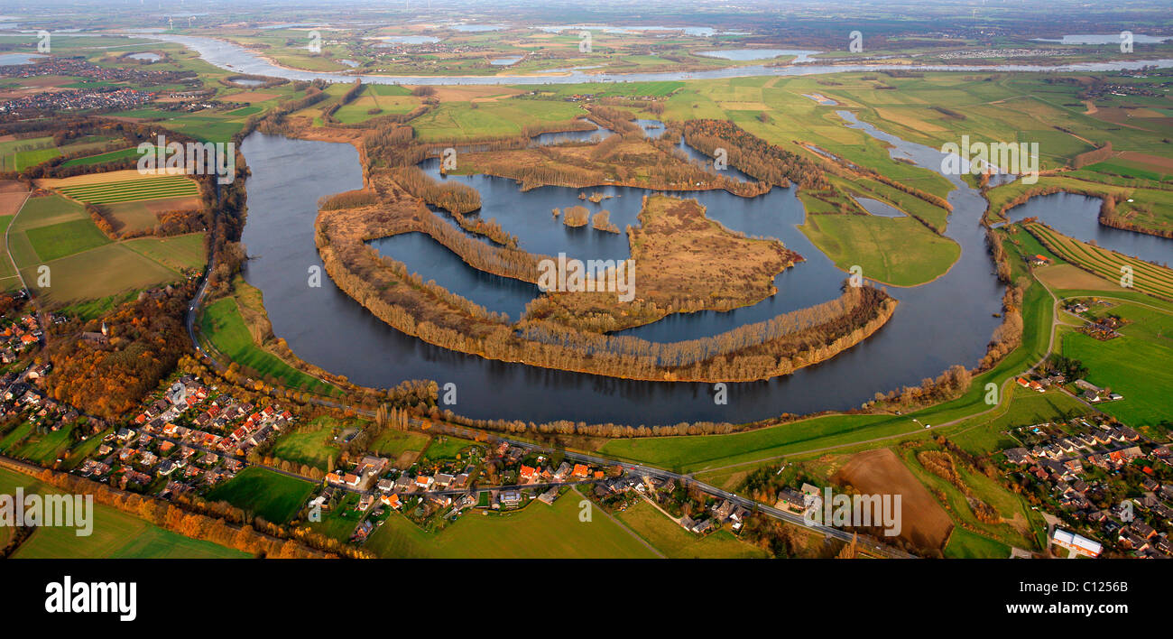 Vista aerea, ex ansa del fiume Reno, Xanten Altrhein riserva naturale, laghi, Maasmannsmardt, Bislicher Insel isola Foto Stock
