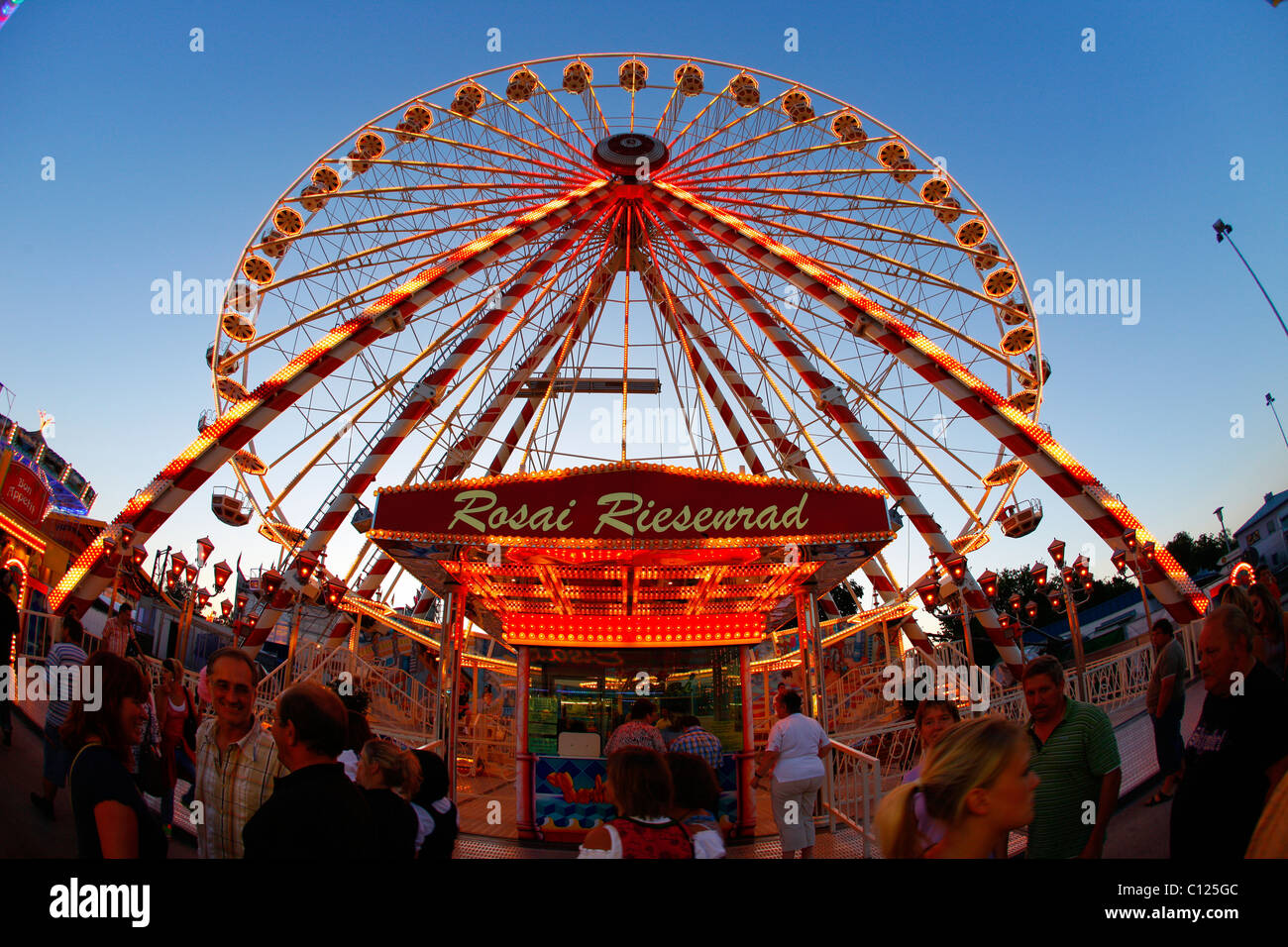 Ruota panoramica Ferris, atmosfera serale, folk festival, Muehldorf am Inn, Bavaria Foto Stock