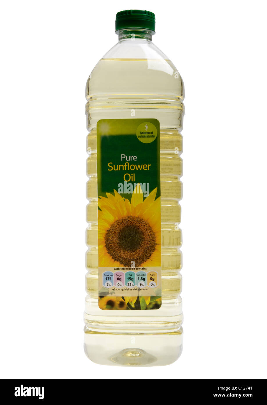Bottiglia di puro olio di semi di girasole su sfondo bianco Foto Stock
