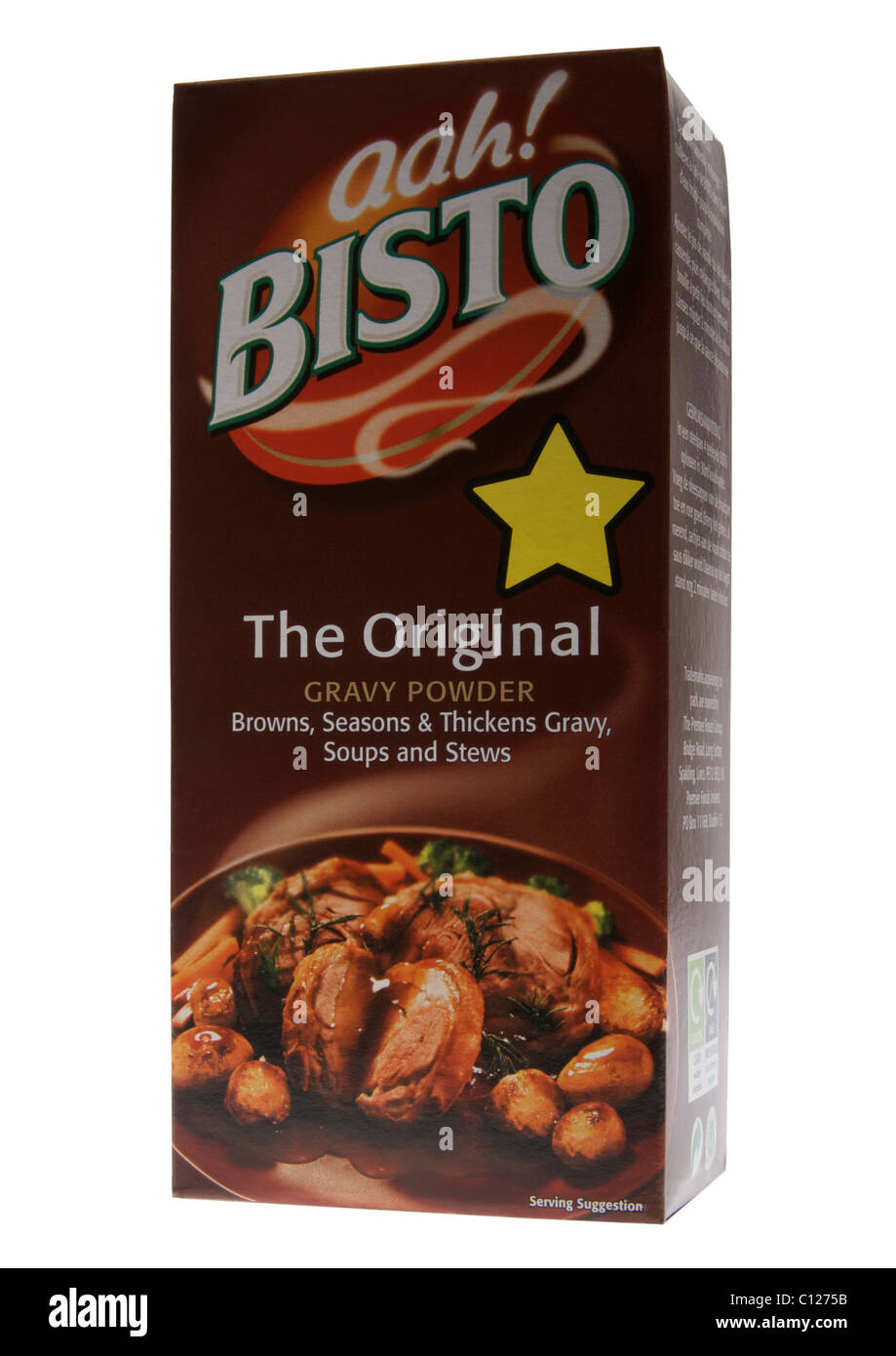 Scatola di bisto gravy polvere su sfondo bianco Foto Stock