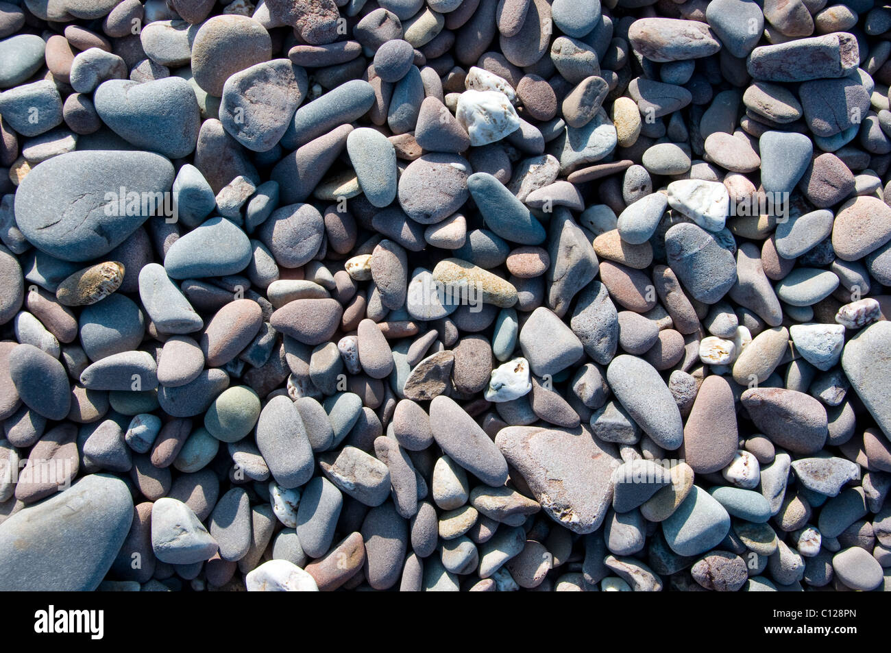 Pietre e ciottoli su Blue Anchor spiaggia vicino Watchet nel Somerset, Inghilterra Foto Stock