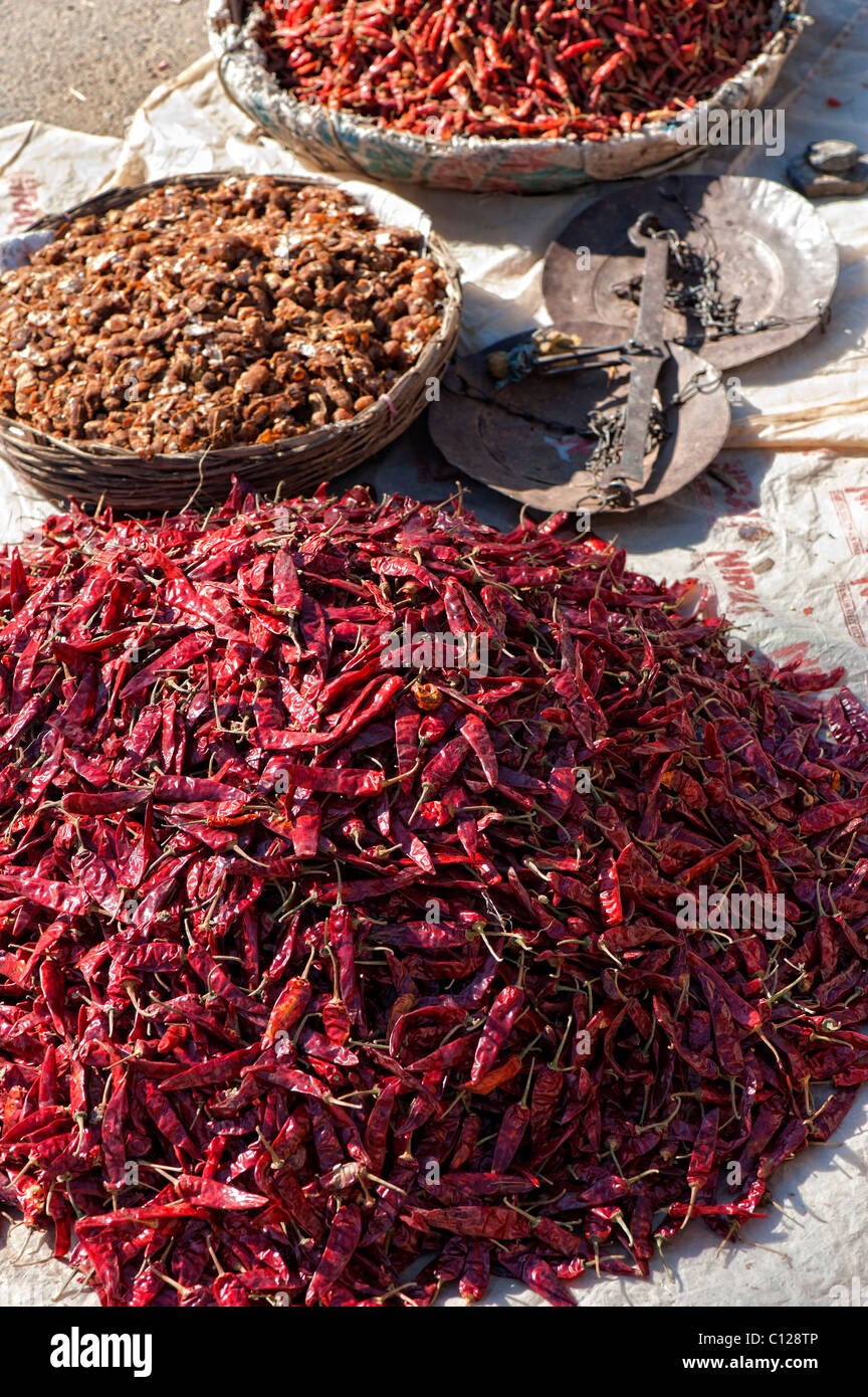 Secchi peperoncino rosso e semi di tamarindo cialde (Tamarindus indica) per la vendita in un mercato indiano. Andhra Pradseh, India Foto Stock