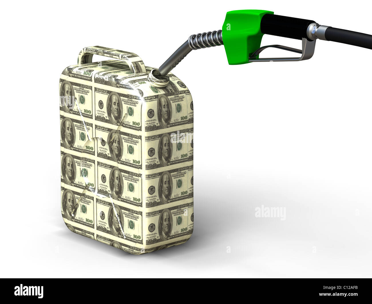 Dollar gas può e ugello su sfondo bianco Foto Stock