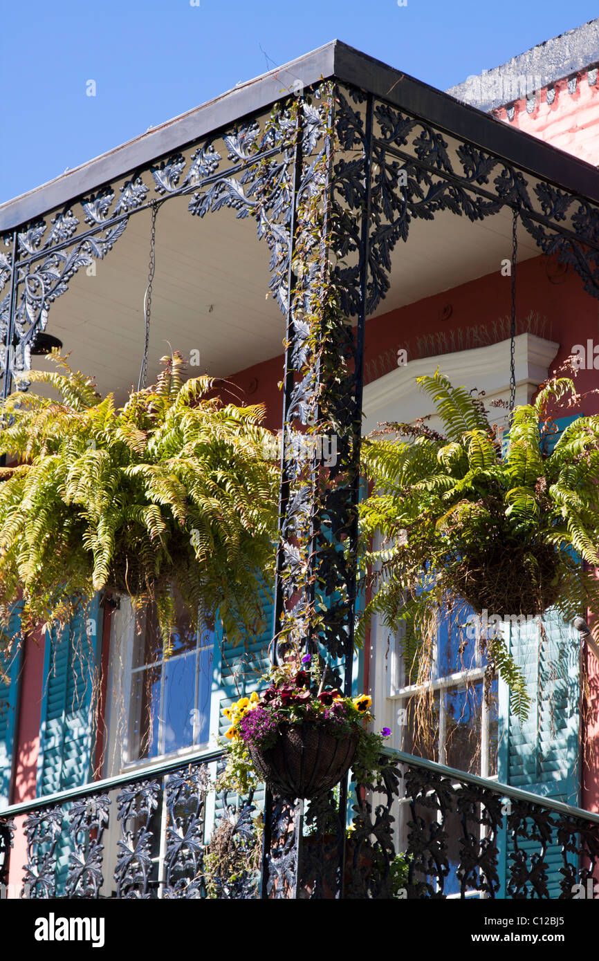 Ornati in ferro battuto balcone con le piantatrici appeso nel Quartiere Francese di New Orleans, Louisiana Foto Stock