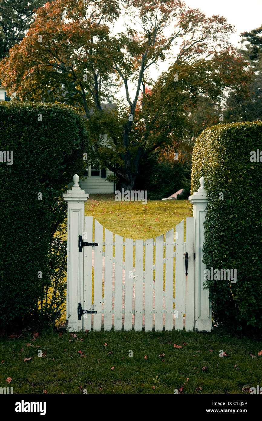 Garden gate, picchetti bianchi set di gate tra due siepi, prato giardino suburbano, i colori dell'Autunno Foto Stock