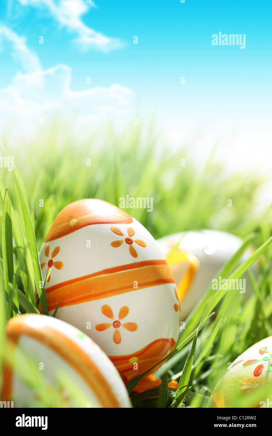 Colorate le uova di Pasqua su erba verde,Shallow Dof. Foto Stock