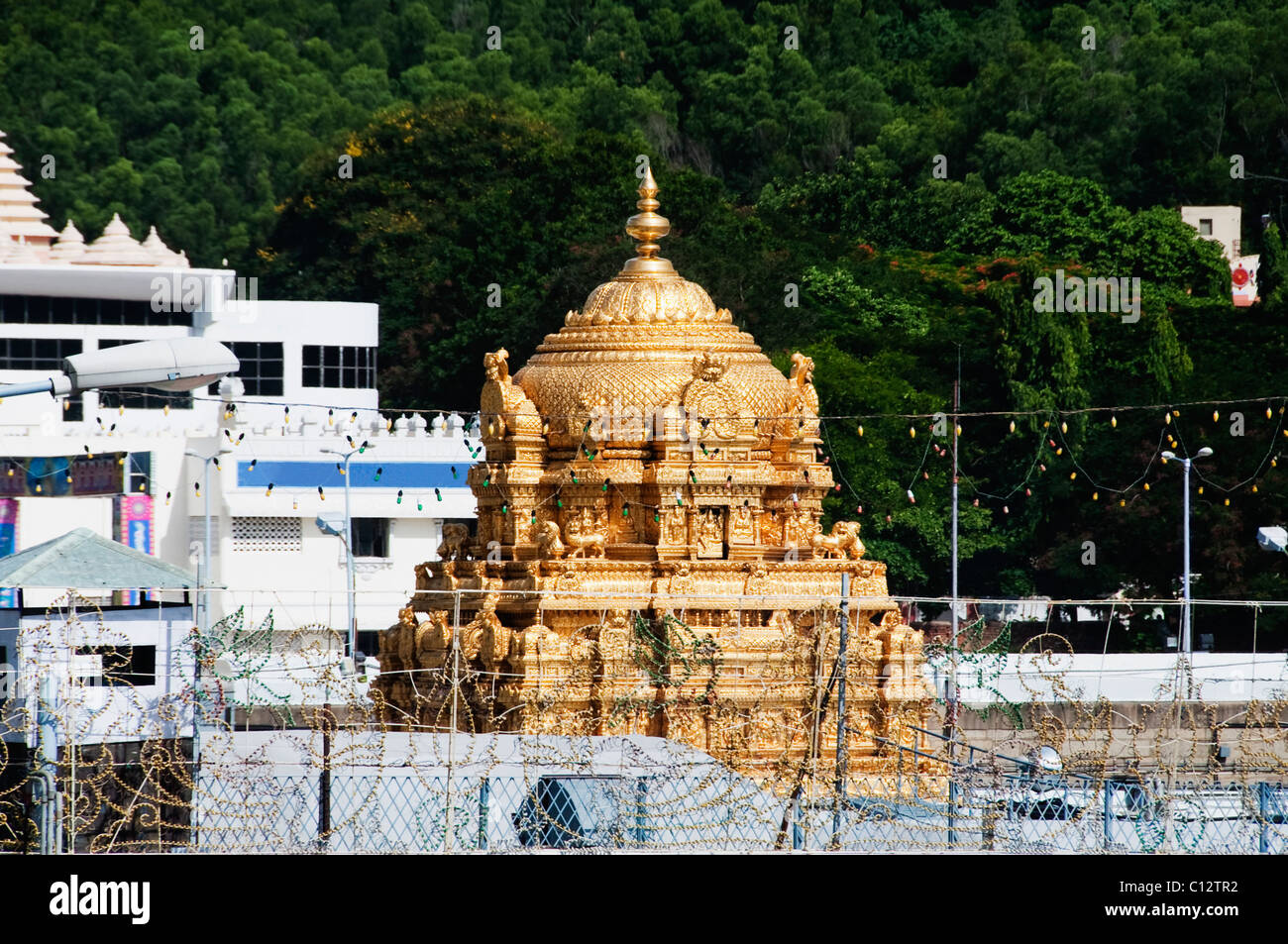 Elevato angolo di visione di un tempio, Tirumala Venkateswara Temple, Tirumala, Tirupati, Chittoor, Andhra Pradesh, India Foto Stock
