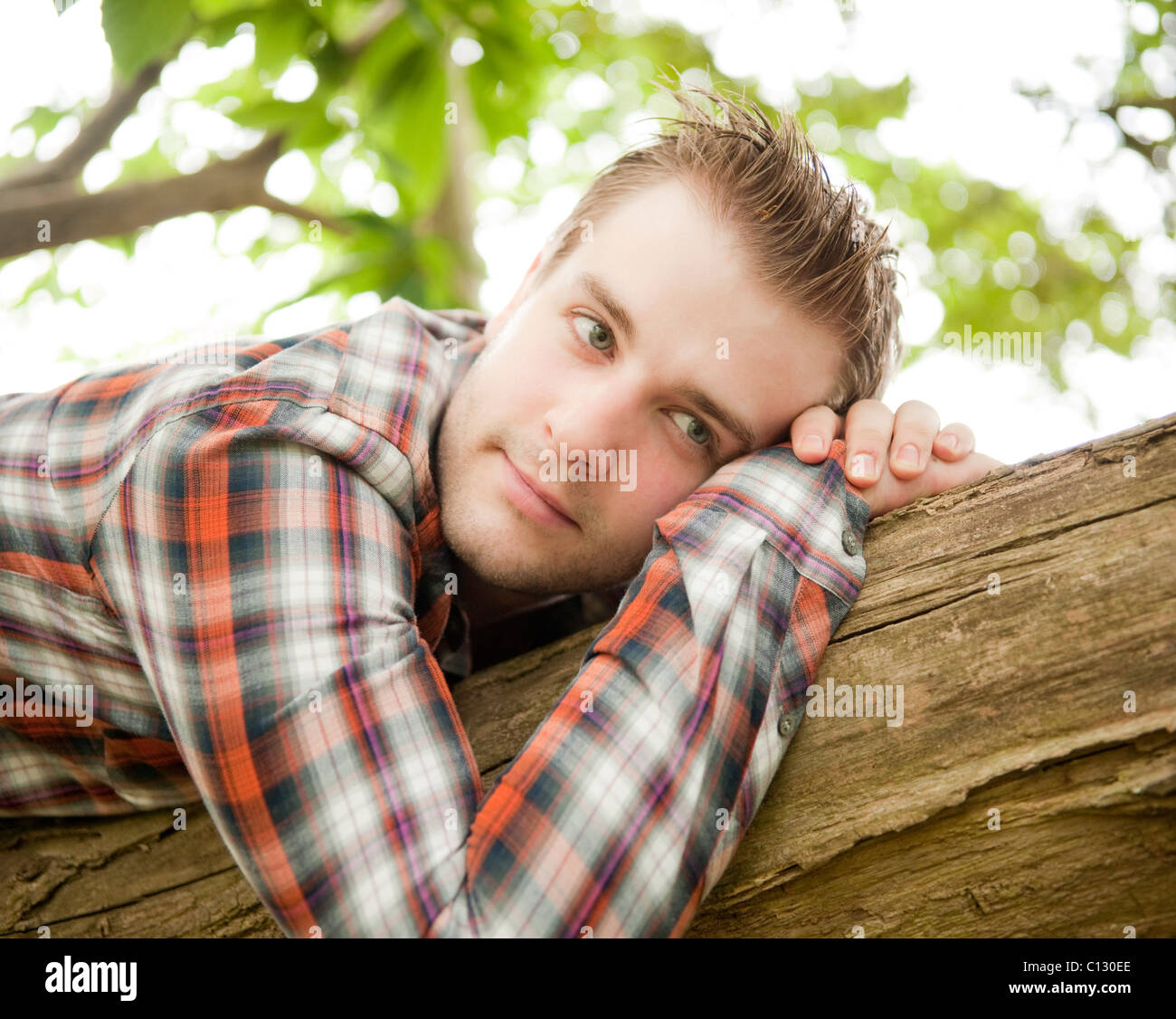 Ritratto di giovane uomo disteso sul tronco di albero Foto Stock