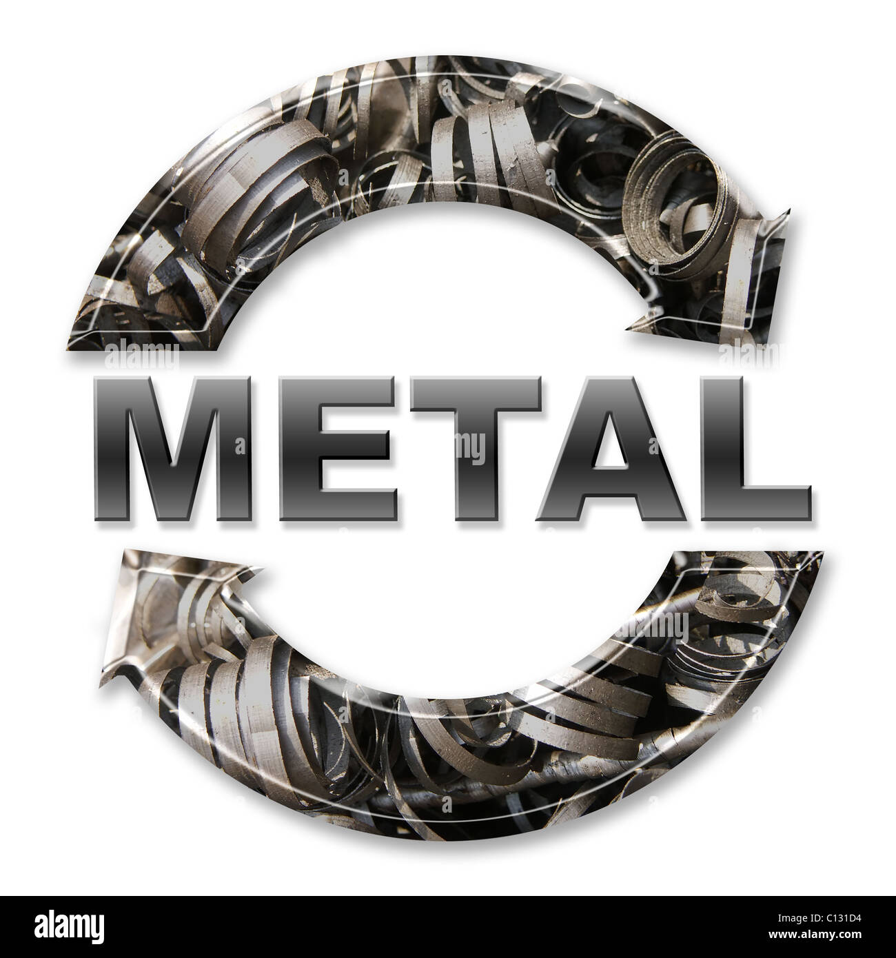 Due metallo freccia simbolo di riciclaggio su sfondo bianco Foto Stock