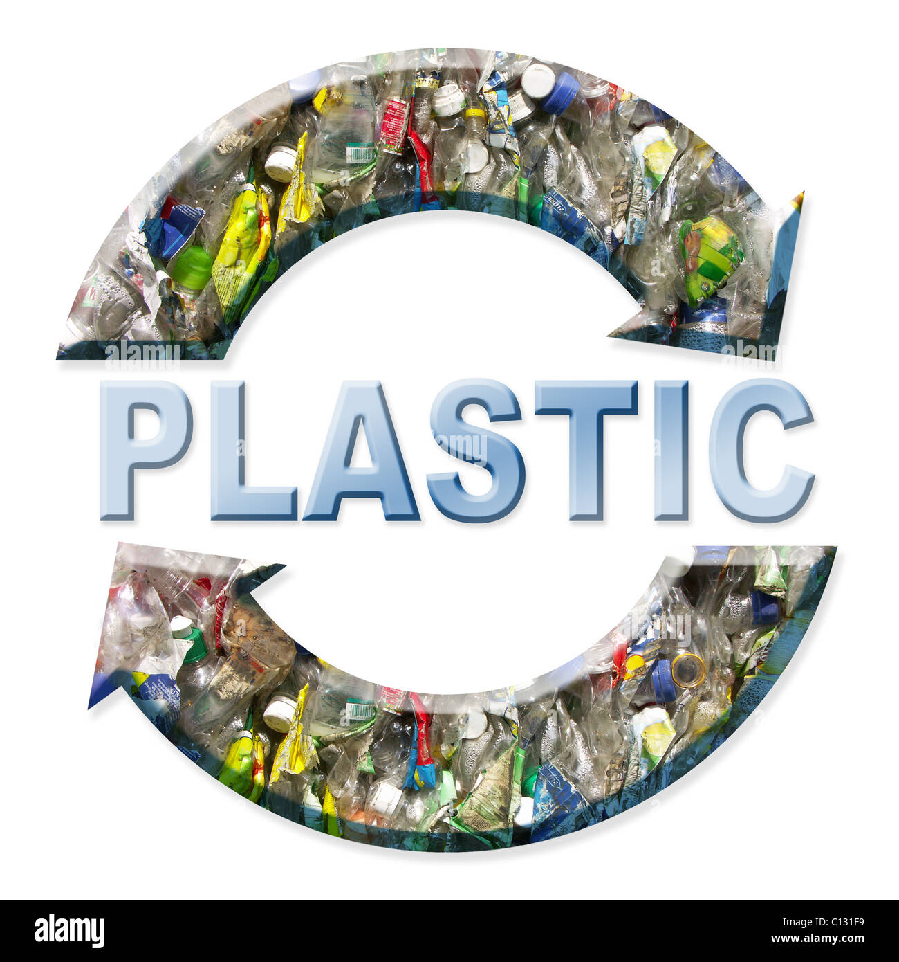 Due freccia riciclaggio plastica simbolo su sfondo bianco Foto Stock