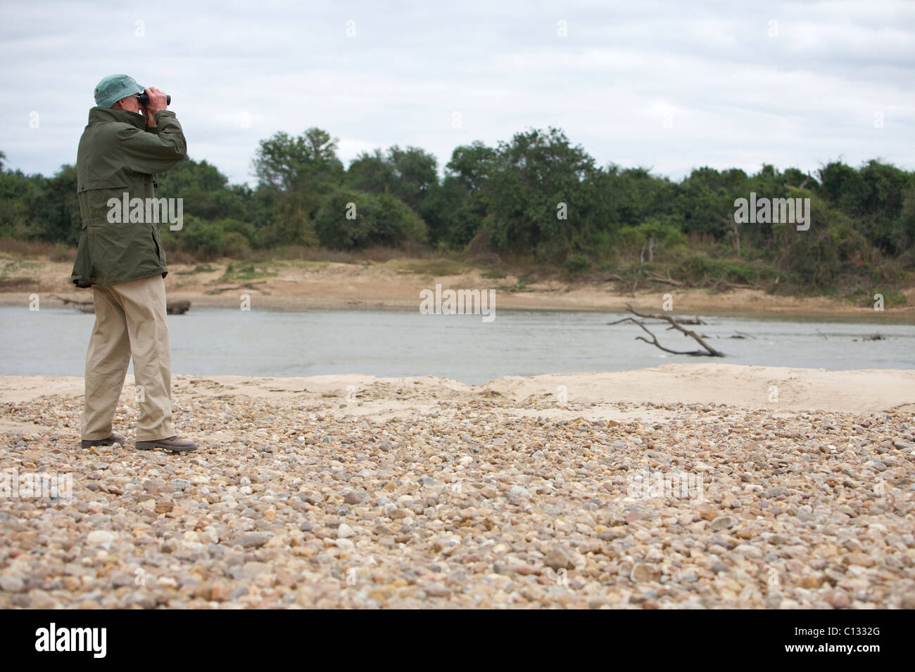 Uomo su Safari cerca attraverso il suo binocolo, Zambia Foto Stock